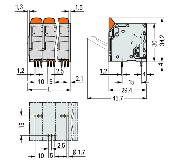 Wago 2616-3103/020-000 PCB terminal block; lever; 16 mm; Pin spacing 10 mm; 3-pole; Push-in CAGE CLAMP; 16,00 mm; gray