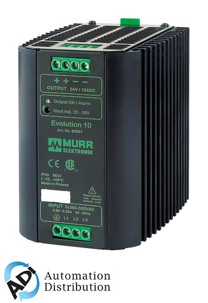 Murrelektronik 85001 evolution power supply 3-phase, in: 360-520vac out: 22-28v/10adc, allows continuous two-phase- operation, extra-power - for4 secs 50% addl power