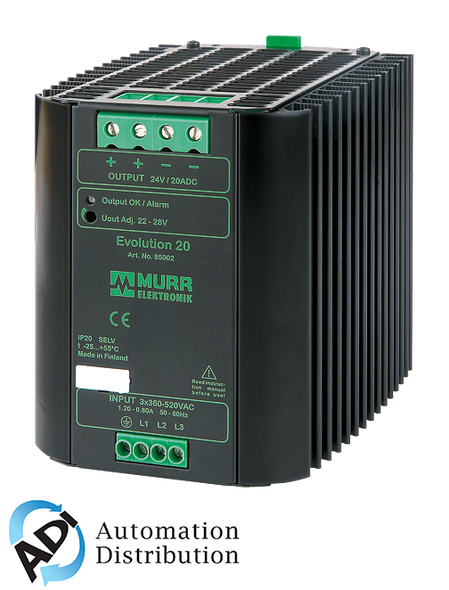 Murrelektronik 85002 evolution power supply 3-phase, in: 360-520vac out: 22-28v/20adc, allows continuous two-phase- operation, extra-power - for4 secs 50% addl power