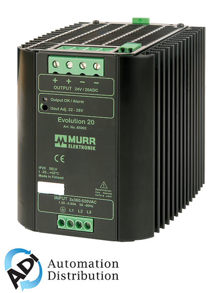 Murrelektronik 85642 evolution+ power supply 3-phase, in: 360-520vac out: 22-28v/20adc, extra-power - for4 secs 50% addl power, alarm contact and varnished pcb