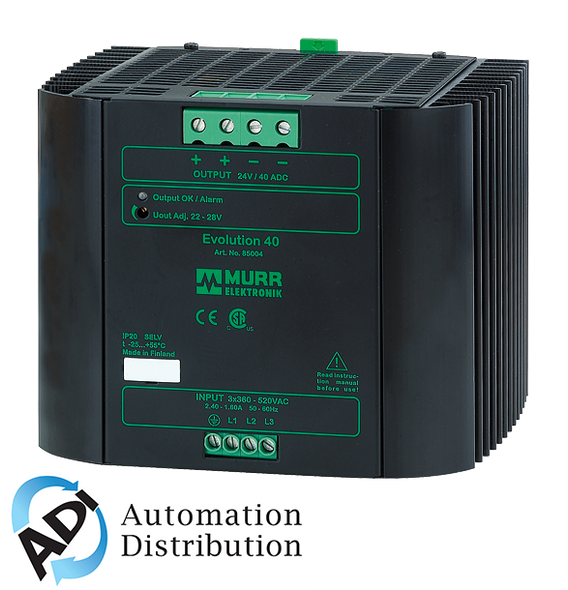Murrelektronik 85004 evolution power supply 3-phase, in: 360-520vac out: 22-28v/40adc, allows continuous two-phase- operation, extra-power - for4 secs 50% addl power