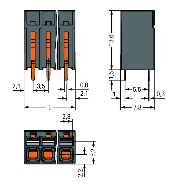 Wago 2086-1103/300-000 THR PCB terminal block, push-button 1.5 mm² Pin spacing 3.5 mm 3-pole, black