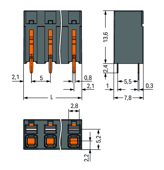Wago 2086-3123 THR PCB terminal block, push-button 1.5 mm² Pin spacing 5 mm 3-pole, black