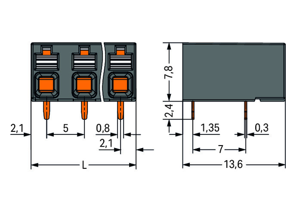 Wago 2086-3203 THR PCB terminal block, push-button 1.5 mm² Pin spacing 5 mm 3-pole, black