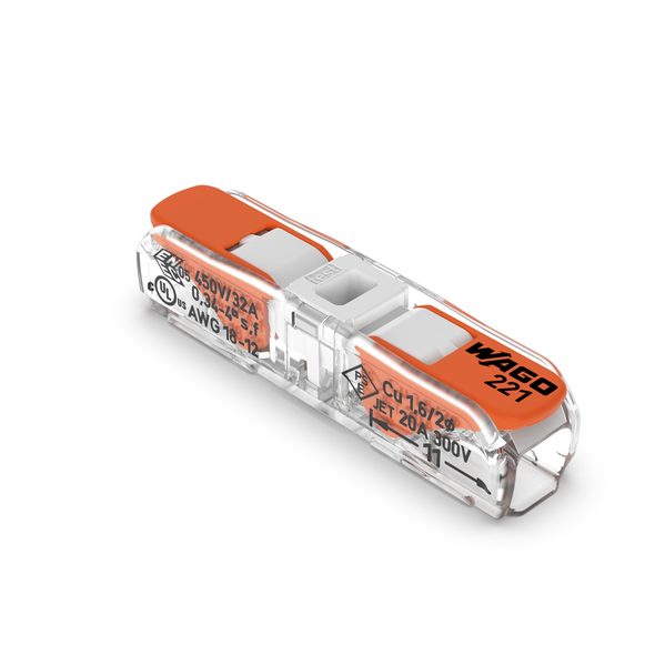 Wago Inline splicing connector with lever; for all conductor types; 12 AWG (max.); 2-conductor; transparent housing; white cover 
Box of 60 (Priced per piece. Order in multiples of 60 pcs.) Pack of 60