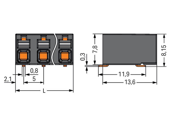 Wago SMD PCB terminal block, push-button 1.5 mm² Pin spacing 5 mm 2-pole, black Pack of 515