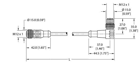 Turck Rk 4.5T-4-Ws 4.5T/S2501 Double-ended Cordset, Straight Female Connector to Right angle Male Connector