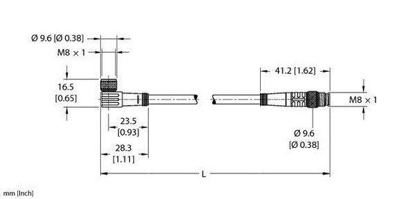 Turck Pkw 3M-0.6-Psg 3M/S760 Double-ended Cordset, Right angle Female Connector to Straight Male Connector
