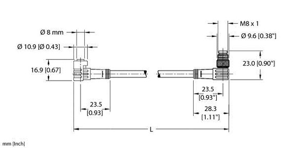Turck Pkw 3Z-1-Psw 3M Double-ended Cordset, Right angle Female Connector to Right angle Male Connector