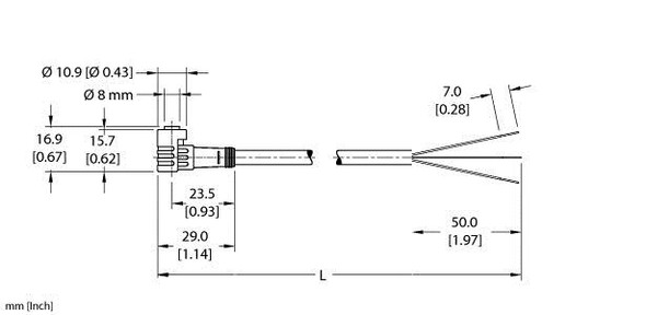 Turck Pkw 3Z-38 Single-ended Cordset, Right angle Female Connector