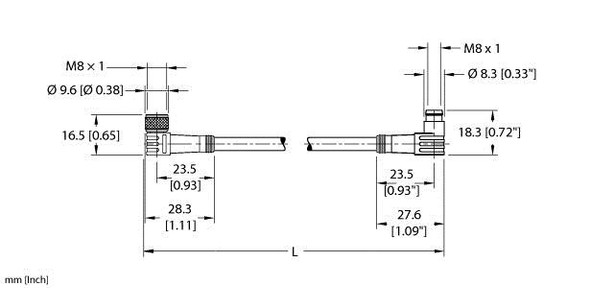 Turck Pkw 3M-N7X2-0.5-Psw 3 Double-ended Cordset, Right angle Female Connector to Right angle Male Connector