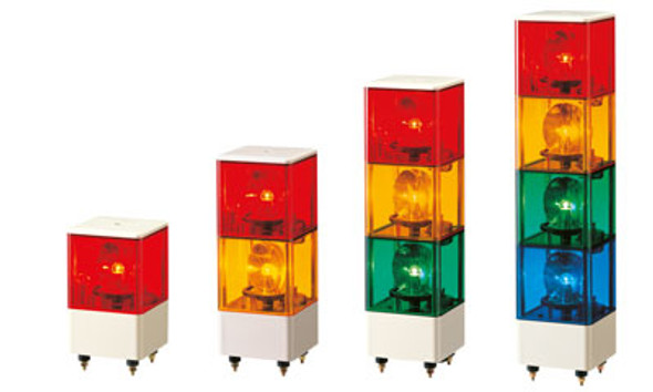 Patlite KJB-402-RYGB+FA001 Rotating Type Signal Tower, with alarm, cube style, Red, amber, green, blue
