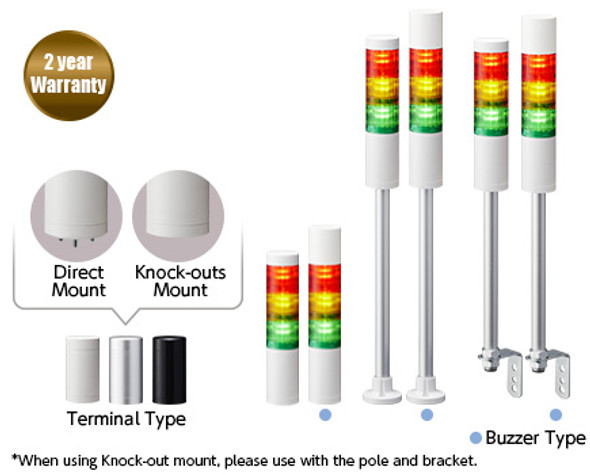 Patlite LR5-402PJBW-XXXX 50mm diameter UL CE IP65 24V DC, Pole Mount/Cable, Flashing/Buzzer, Off-white