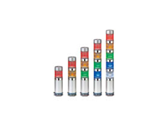 Patlite MES-302A-RGB Continuous light, NPN open collector compatible, 40mm long body, silver body. Red, green, blue LED module.