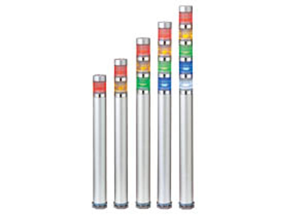 Patlite ME-502P-RYGBC+FB123 Continuous light, PNP open collector compatible, 200mm long body, silver body. Red, amber, green, blue, white LED module.