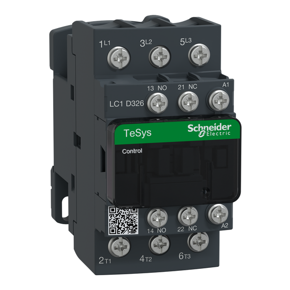 Schneider Electric LC1D326B7 IEC contactor, TeSys Deca, nonreversing, 32A, 20HP at 480VAC, 3 phase, 3 pole, 3 NO, 24VAC 50/60Hz coil, open style