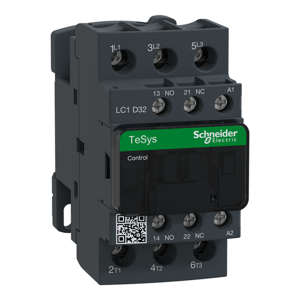 Schneider Electric LC1D32G7 IEC contactor, TeSys Deca, nonreversing, 32A, 20HP at 480VAC, up to 100kA SCCR, 3 phase, 3 NO, 120VAC 50/60Hz coil, open