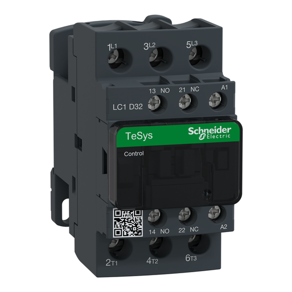 Schneider Electric LC1D32LE7 IEC contactor, TeSys Deca, nonreversing, 32A, 20HP at 480VAC, up to 100kA SCCR, 3 phase, 3 NO, 208VAC 50/60Hz coil, open