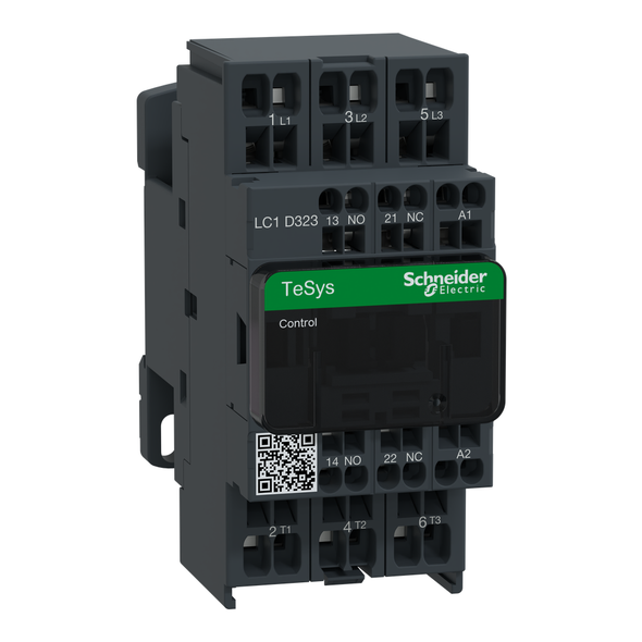 Schneider Electric LC1D323FE7 IEC contactor, TeSys Deca, nonreversing, 32A, 20HP at 480VAC, 3 phase, 3 pole, 3 NO, 115VAC 50/60Hz coil, open style