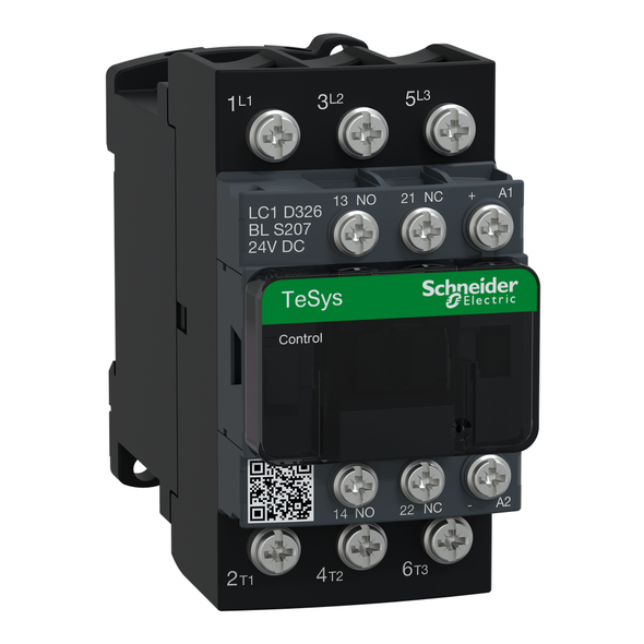 Schneider Electric LC1D326BLS207 IEC contactor, TeSys D, nonreversing, 32A, 20HP at 480VAC, 3 phase, 3 pole, 3 NO, low consumption 24VDC coil, open style