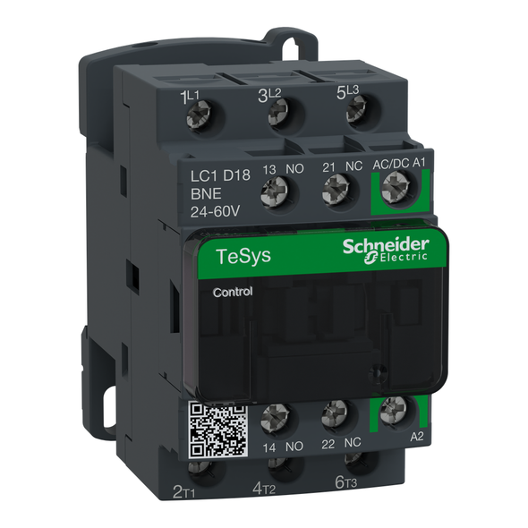 Schneider Electric LC1D18BNE IEC contactor, TeSys Deca Green, nonreversing, 18A, 10HP at 480VAC, up to 100kA SCCR, 3 phase, 3 NO, 24/60VAC/VDC coil