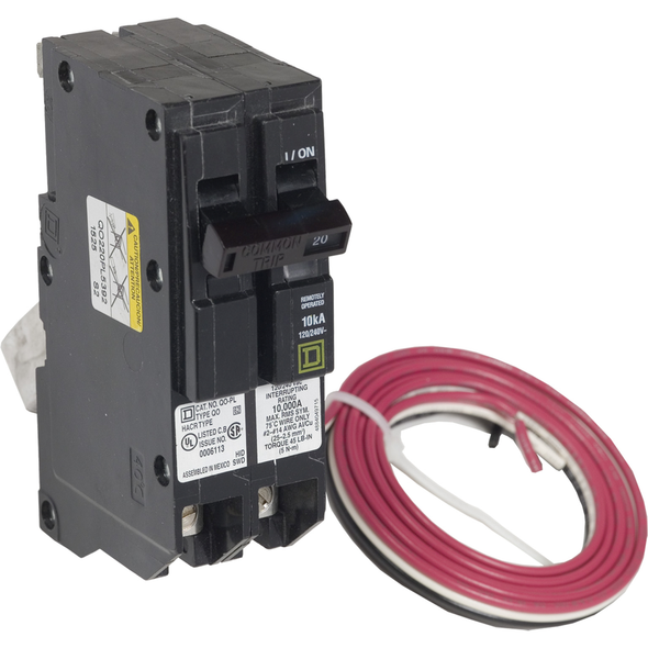 Schneider Electric QO220PL5392 Mini circuit breaker, QO, 20A, 2 pole, 120/240VAC, 10kA, plug in, Powerlink, 48in leads