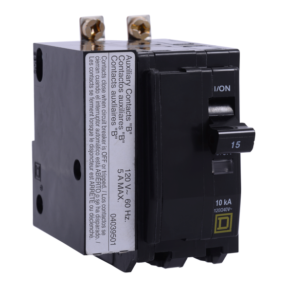 Schneider Electric QOB2201201 Mini circuit breaker, QO, 20A, 2 pole, 120/240VAC, 10kA, bolt on, aux switch 1B