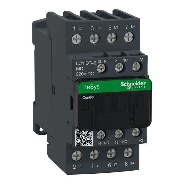 Schneider Electric LC1DT40MD IEC contactor, TeSys Deca, nonreversing, 40A resistive, 4 pole, 4 NO, 220VDC coil, open style