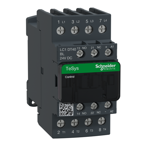 Schneider Electric LC1DT40BL IEC contactor, TeSys Deca, nonreversing, 40A resistive, 4 pole, 4 NO, low consumption 24VDC coil, open style