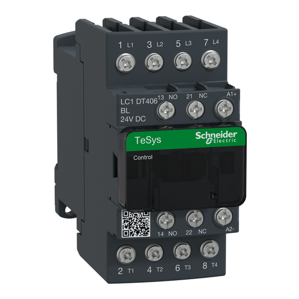 Schneider Electric LC1DT406BL IEC contactor, TeSys Deca, nonreversing, 40A resistive, 4 pole, 4 NO, low consumption 24VDC coil, open style