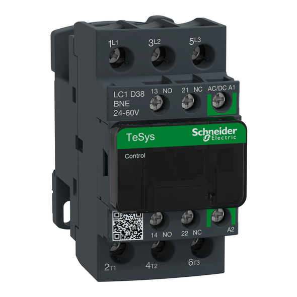 Schneider Electric LC1D38BNE IEC contactor, TeSys Deca Green, nonreversing, 38A, 20HP at 480VAC, up to 100kA SCCR, 3 phase, 3 NO, 24/60VAC/VDC coil