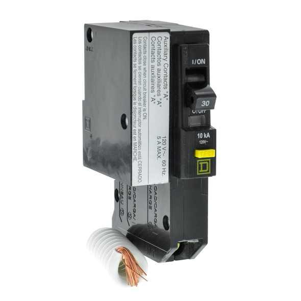 Schneider Electric QO130GFI1200 Mini circuit breaker, QO, 30A, 1 pole, 120VAC, 10kA, plug in, 6mA grd fault A, pigtail, aux switch 1A