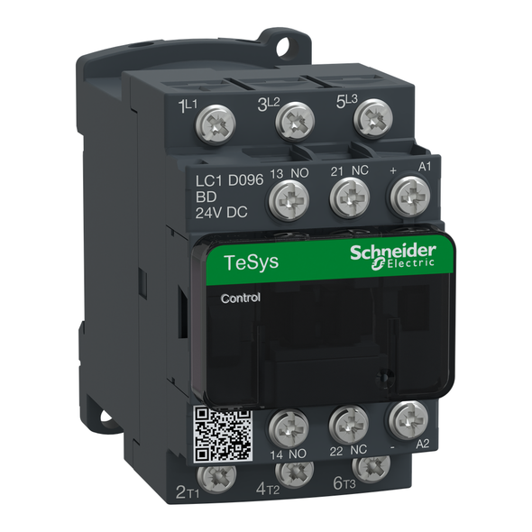 Schneider Electric LC1D096BD IEC contactor, TeSys Deca, nonreversing, 9A, 5HP at 480VAC, 3 phase, 3 pole, 3 NO, 24VDC coil, open style