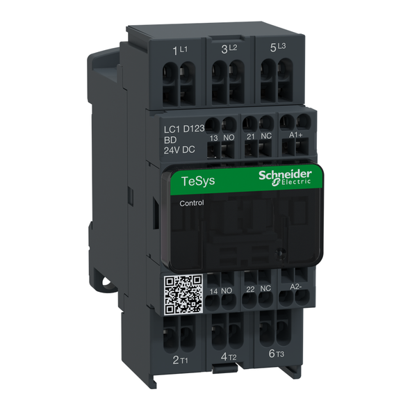 Schneider Electric LC1D123BD IEC contactor, TeSys Deca, nonreversing, 12A, 7.5HP at 480VAC, 3 phase, 3 pole, 3 NO, 24VDC coil, open style