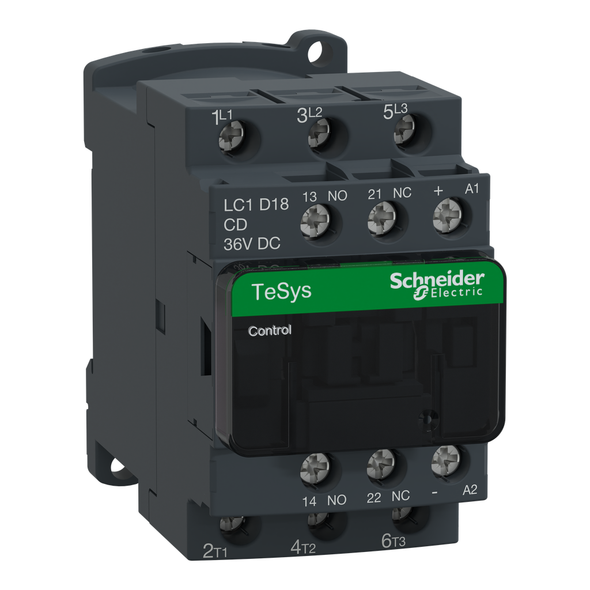 Schneider Electric LC1D18CD IEC contactor, TeSys Deca, nonreversing, 18A, 10HP at 480VAC, up to 100kA SCCR, 3 phase, 3 NO, 36VDC coil, open