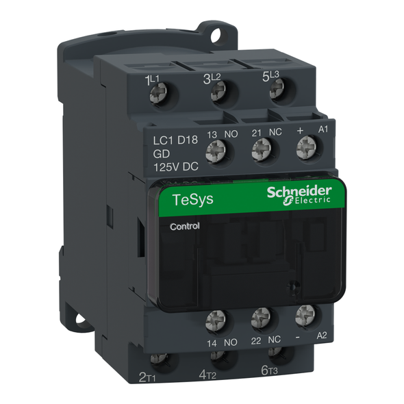 Schneider Electric LC1D18GD IEC contactor, TeSys Deca, nonreversing, 18A, 10HP at 480VAC, up to 100kA SCCR, 3 phase, 3 NO, 125VDC coil, open