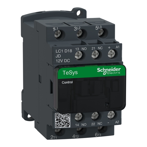 Schneider Electric LC1D18JD IEC contactor, TeSys Deca, nonreversing, 18A, 10HP at 480VAC, up to 100kA SCCR, 3 phase, 3 NO, 12VDC coil, open