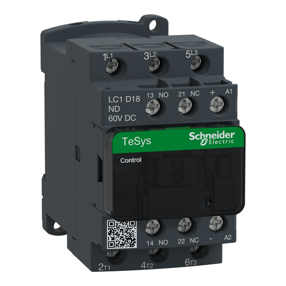 Schneider Electric LC1D18ND IEC contactor, TeSys Deca, nonreversing, 18A, 10HP at 480VAC, up to 100kA SCCR, 3 phase, 3 NO, 60VDC coil, open