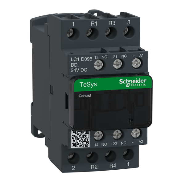 Schneider Electric LC1D098BD IEC contactor, TeSys Deca, nonreversing, 20A resistive, 4 pole, 2 NO and 2 NC, 24VDC coil, open style