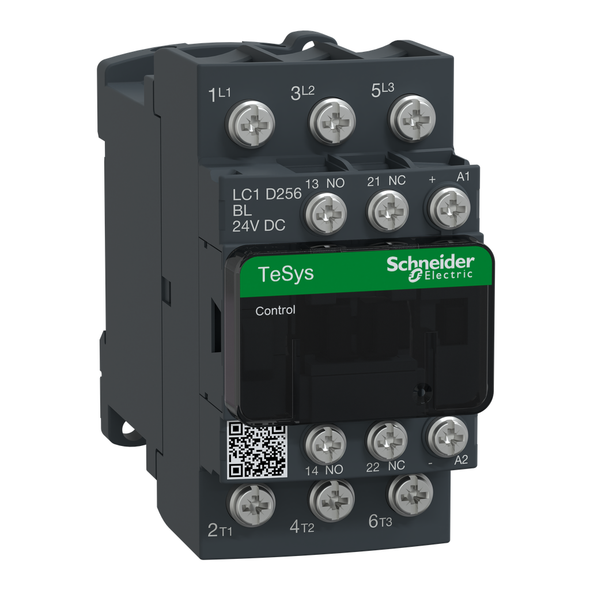 Schneider Electric LC1D256BL IEC contactor, TeSys Deca, nonreversing, 25A, 15HP at 480VAC, 3 phase, 3 pole, 3 NO, low consumption 24VDC coil, open style