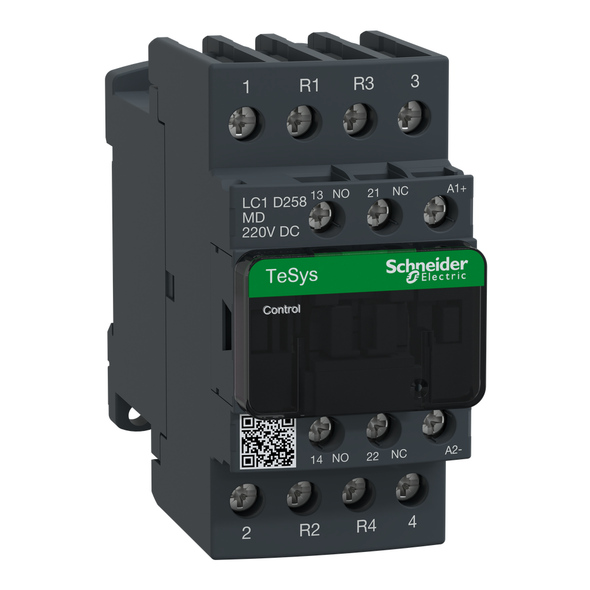 Schneider Electric LC1D258MD IEC contactor, TeSys Deca, nonreversing, 40A resistive, 4 pole, 2 NO and 2 NC, 220VDC coil, open style