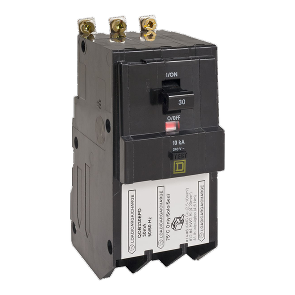 Schneider Electric QOB330EPD Mini circuit breaker, QO, 30A, 3 pole, 240VAC, 10kA, bolt on, 30mA grd fault B