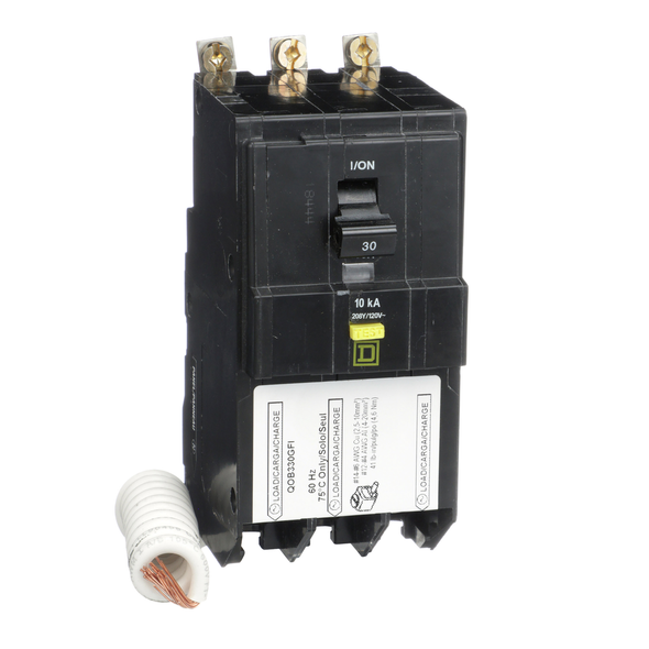 Schneider Electric QOB330GFI Mini circuit breaker, QO, 30A, 3 pole, 208Y/120VAC, 10kA, bolt on, 6mA grd fault A, pigtail