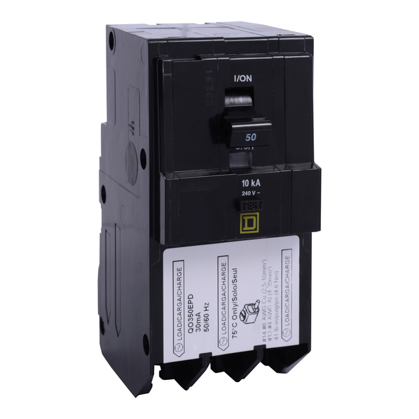 Schneider Electric QO350EPD Mini circuit breaker, QO, 50A, 3 pole, 240VAC, 10kA, plug in, 30mA grd fault B