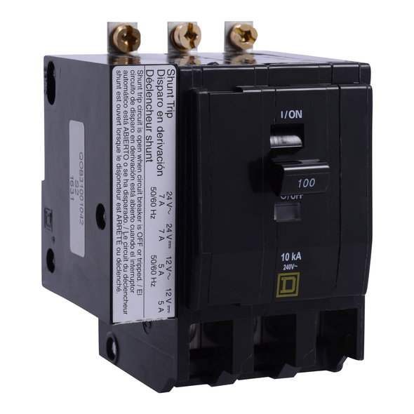 Schneider Electric QOB31001200 Mini circuit breaker, QO, 100A, 3 pole, 120/240VAC, 10kA, bolt on, aux switch 1A