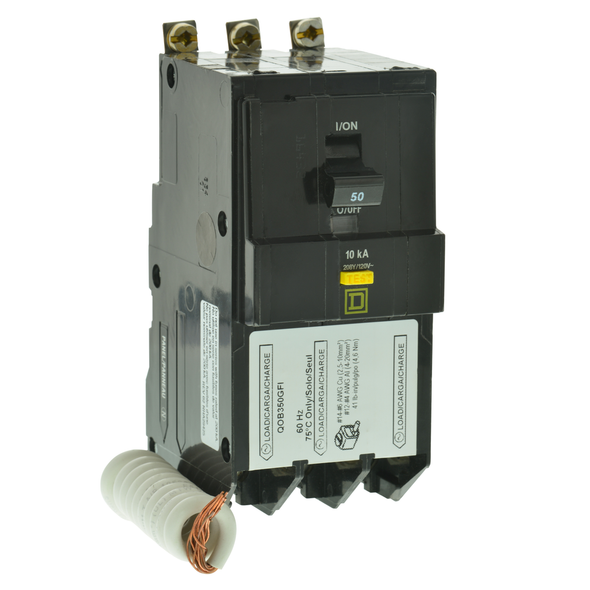 Schneider Electric QOB350GFI Mini circuit breaker, QO, 50A, 3 pole, 208Y/120VAC, 10kA, bolt on, 6mA grd fault A, pigtail