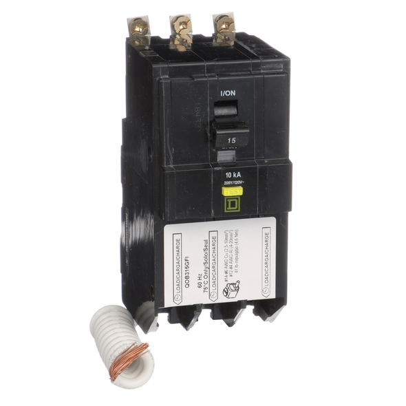 Schneider Electric QOB315GFI Mini circuit breaker, QO, 15A, 3 pole, 208Y/120VAC, 10kA, bolt on, 6mA grd fault A, pigtail