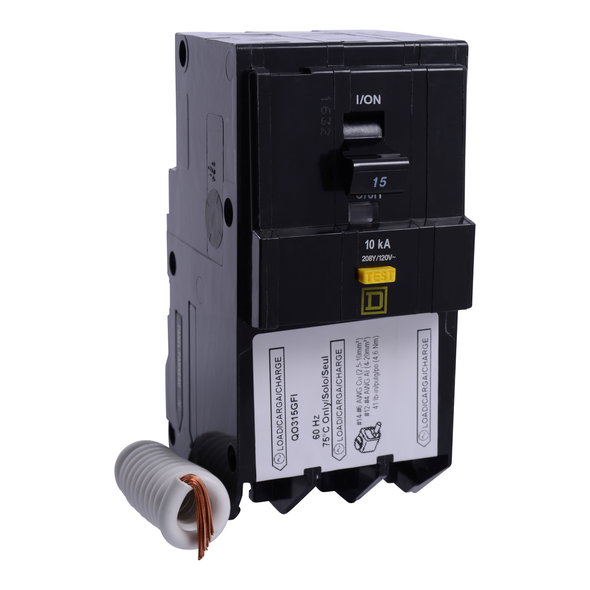 Schneider Electric QO315GFI Mini circuit breaker, QO, 15A, 3 pole, 208Y/120VAC, 10kA, plug in, 6mA grd fault A, pigtail