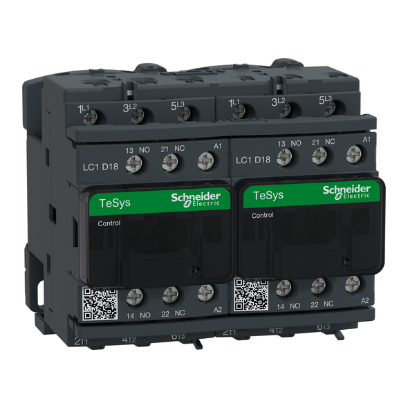 Schneider Electric LC2D18G7V IEC contactor, TeSys Deca, reversing, 18A, 10HP at 480VAC, 3 phase, 3 pole, 3 NO, 120VAC 50/60Hz coil, open style