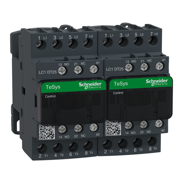 Schneider Electric LC2DT25G7 IEC contactor, TeSys Deca, reversing, 25A resistive, 4 pole, 4 NO, 120VAC 50/60Hz coil, open style